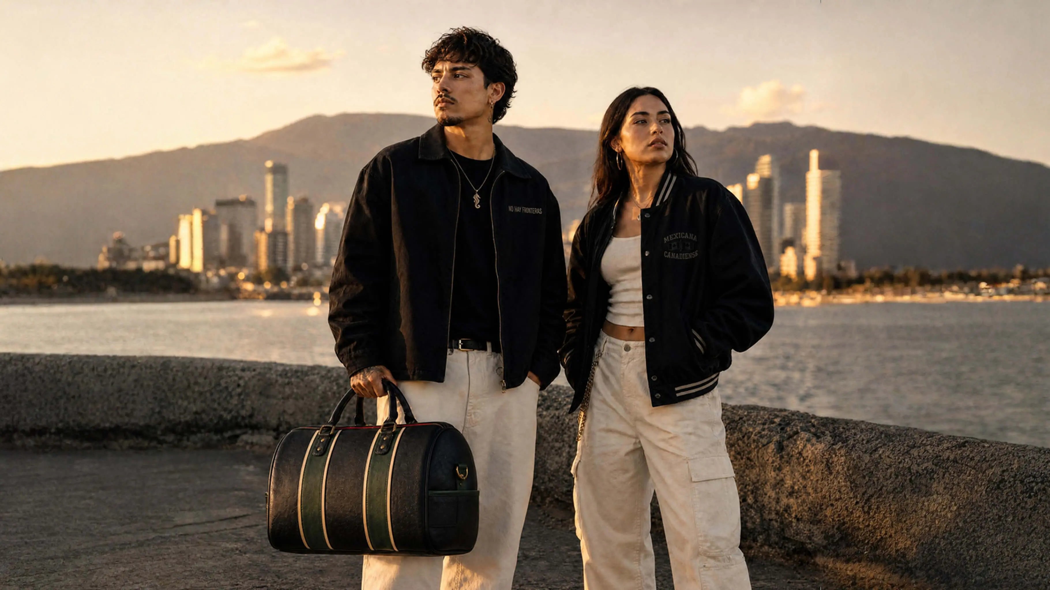 Two people wearing black jackets carrying the black leather No Hay Fronteras edition, Sangre de Mar