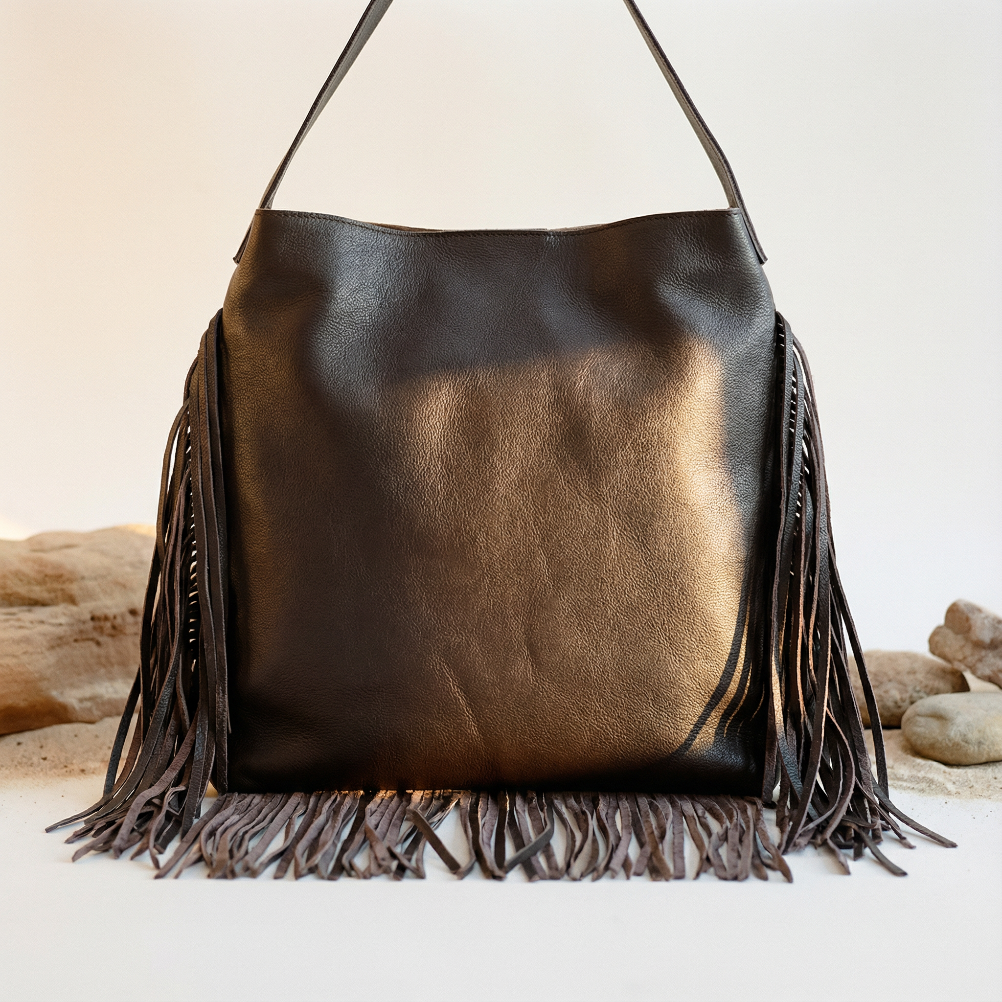 Bravia Fringe Tote — Hair-On-Hide Leather Bag in Brown