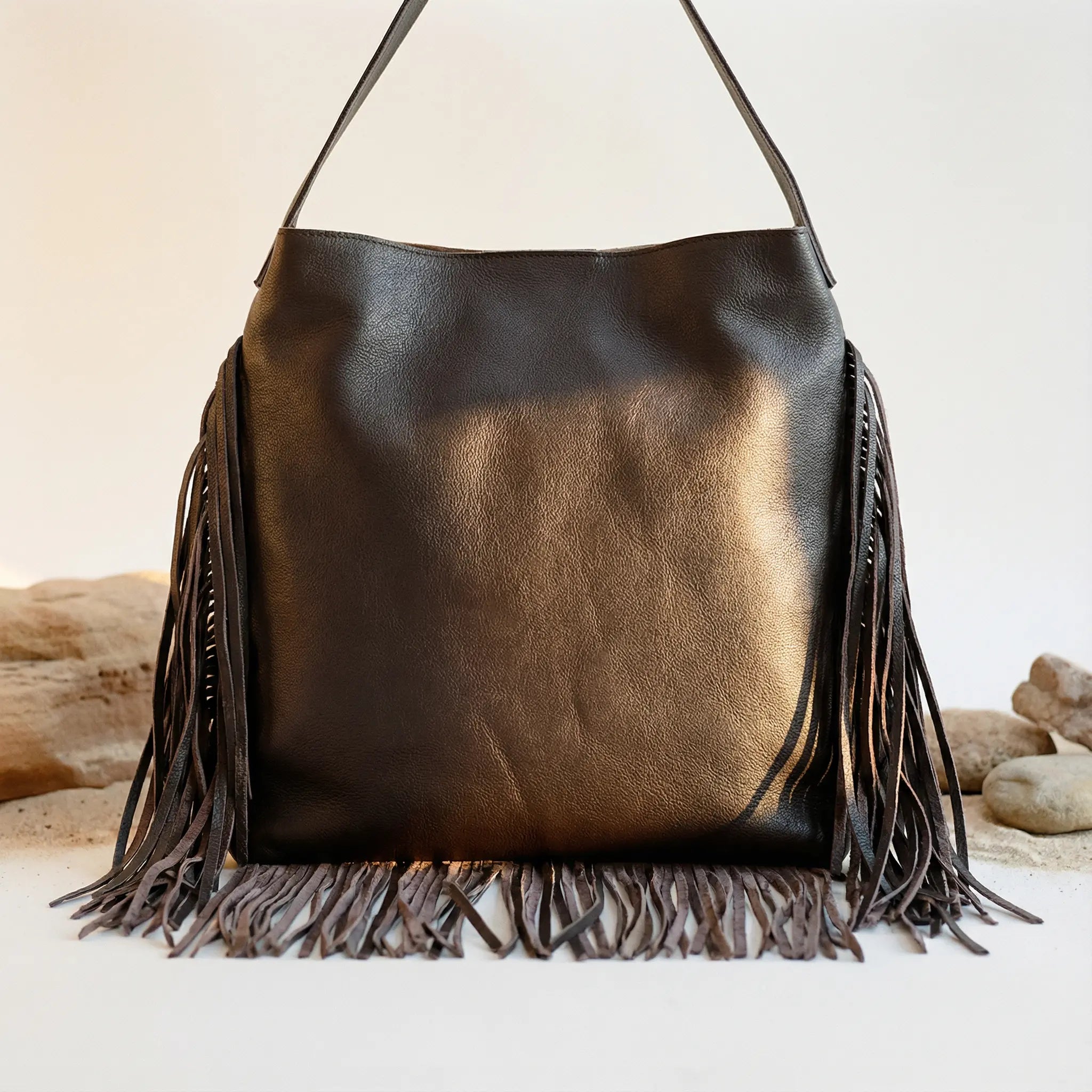 Bravia Fringe Tote — Hair-On-Hide Leather Bag in Brown Sangre de Mar