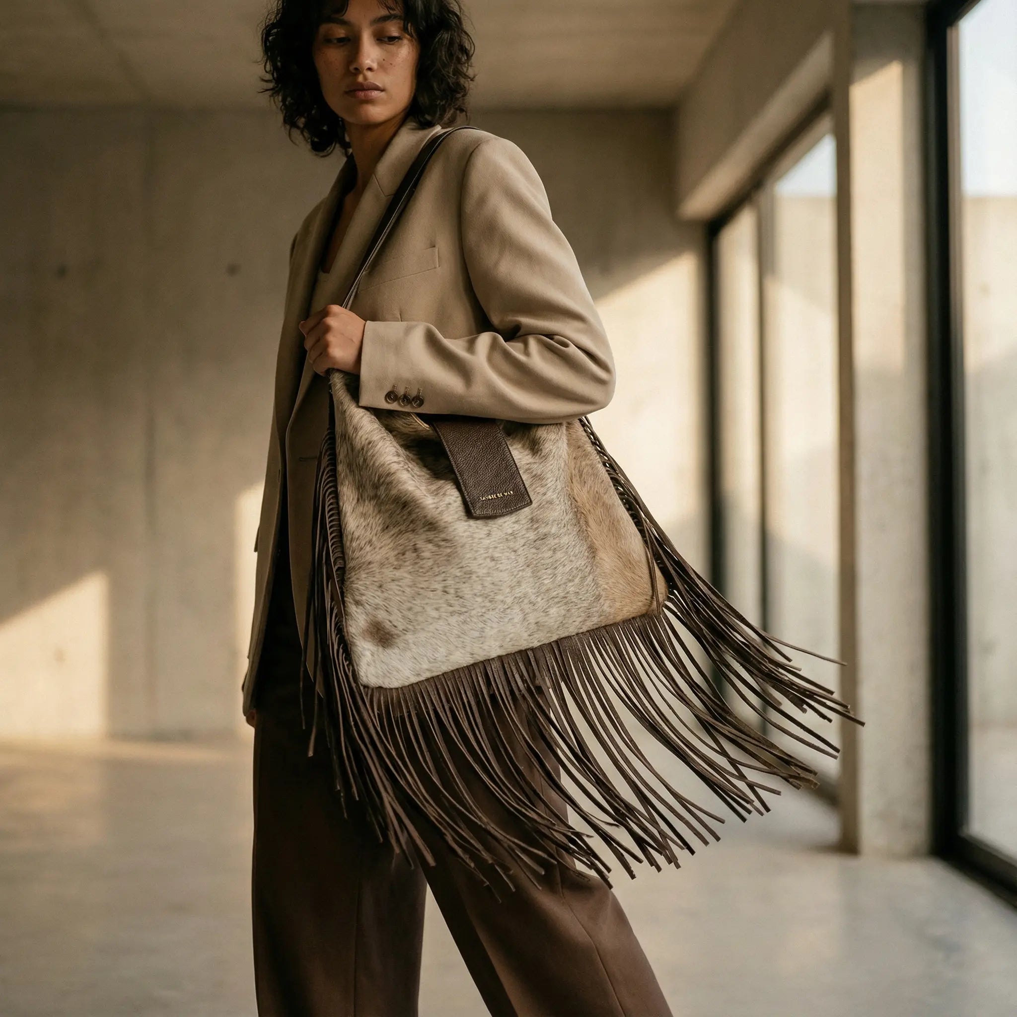 Bravia Fringe Tote — Hair-On-Hide Leather Bag in Brown Sangre de Mar