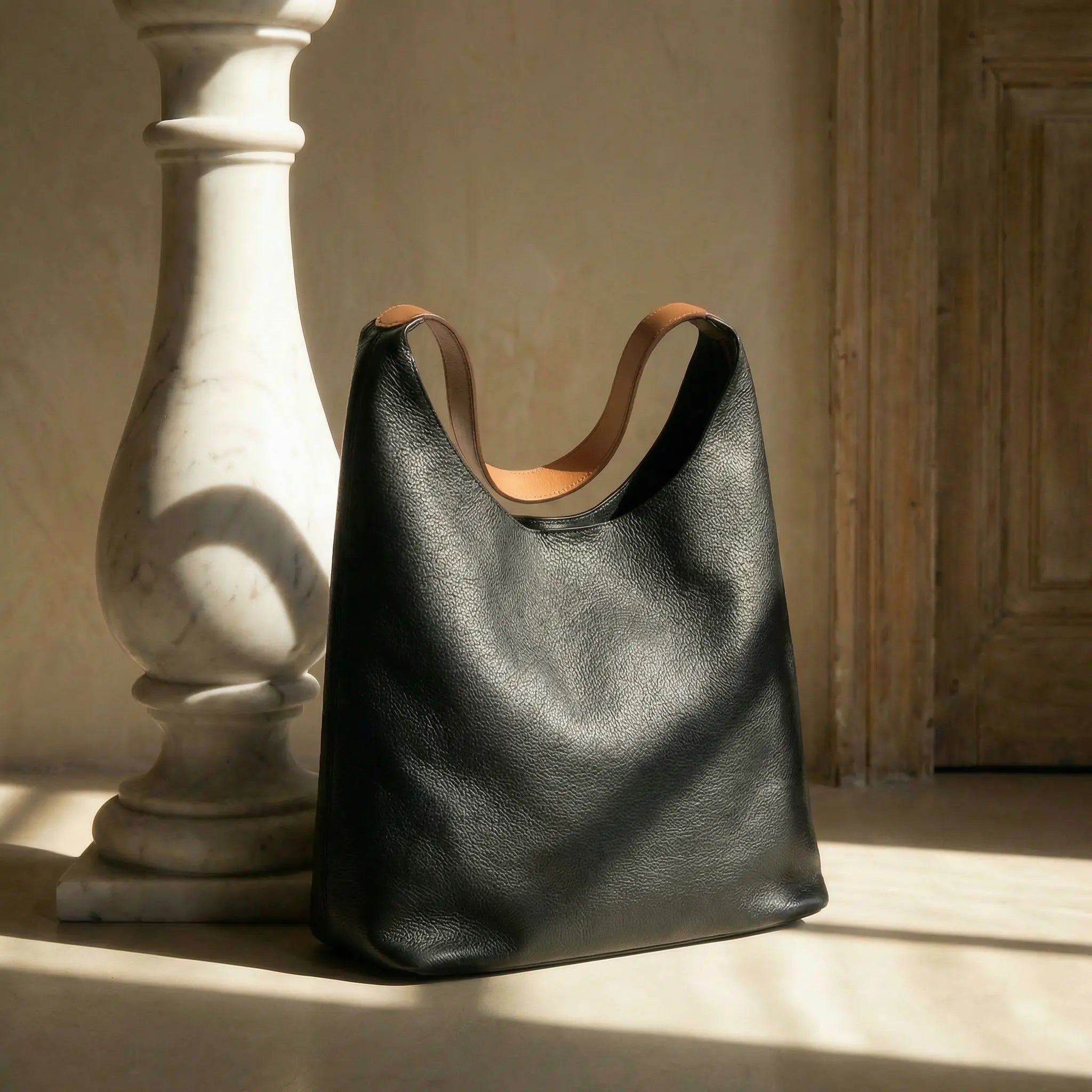 Sienna Leather Tote · Black Full-Grain Leather with Brown Contrast Handles Sangre de Mar