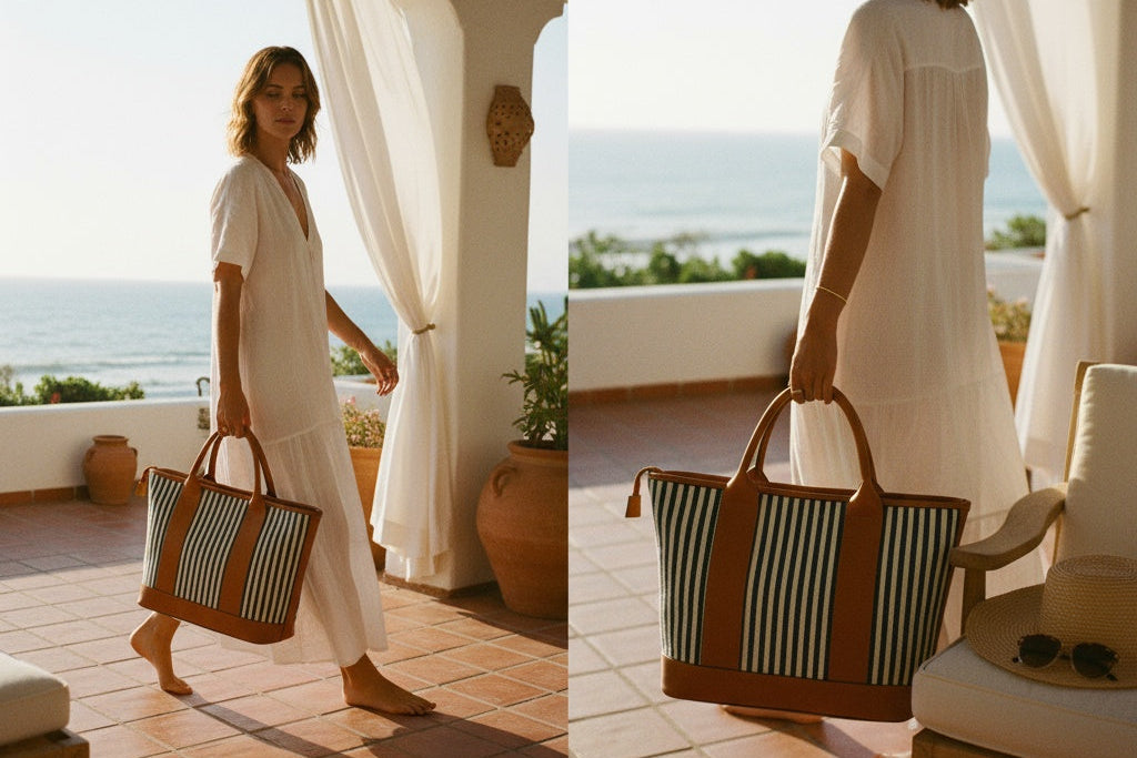 Woman in a white dress holding a striped leather bag with blue stripes an on a terrace with ocean view