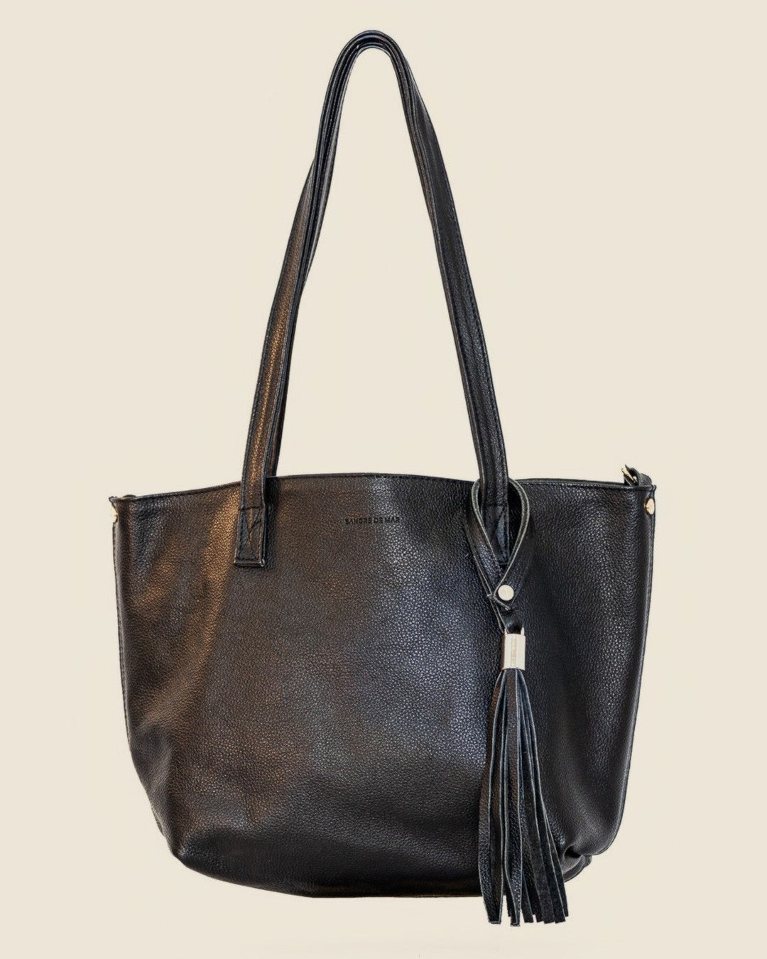 Atlantica Mini Tote — black full-grain leather with leather tassel — front view | Sangre de Mar handcrafted leather