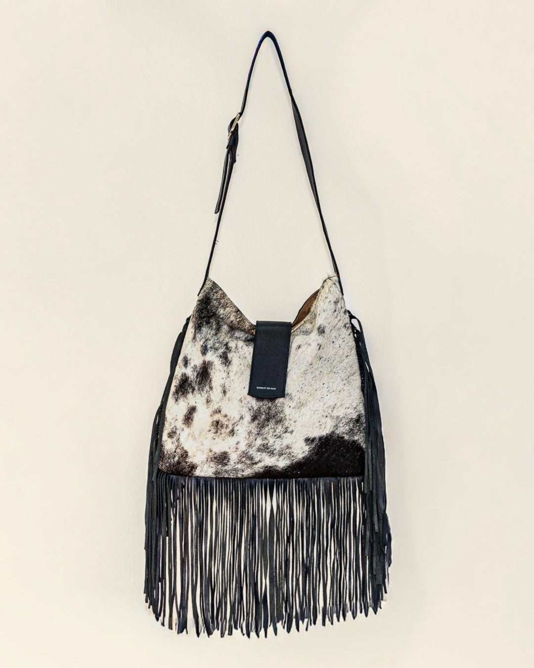 Bravia Fringe Tote — black hair-on-hide & full-grain leather — front view | Sangre de Mar handcrafted leather