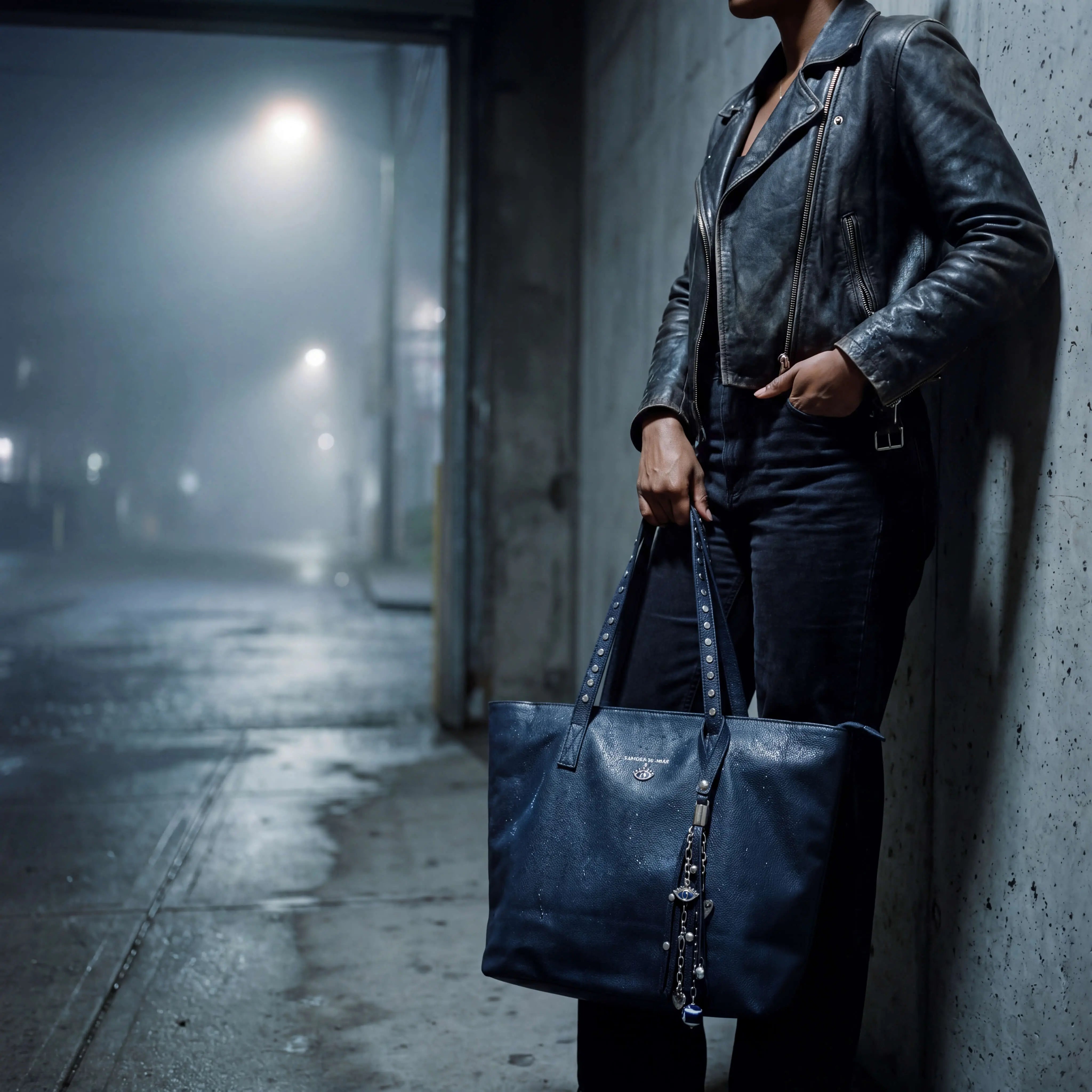 Woman wearing a tote bag in navy blue full grain leather with studs and blue amulets as charms in a foggy night scene