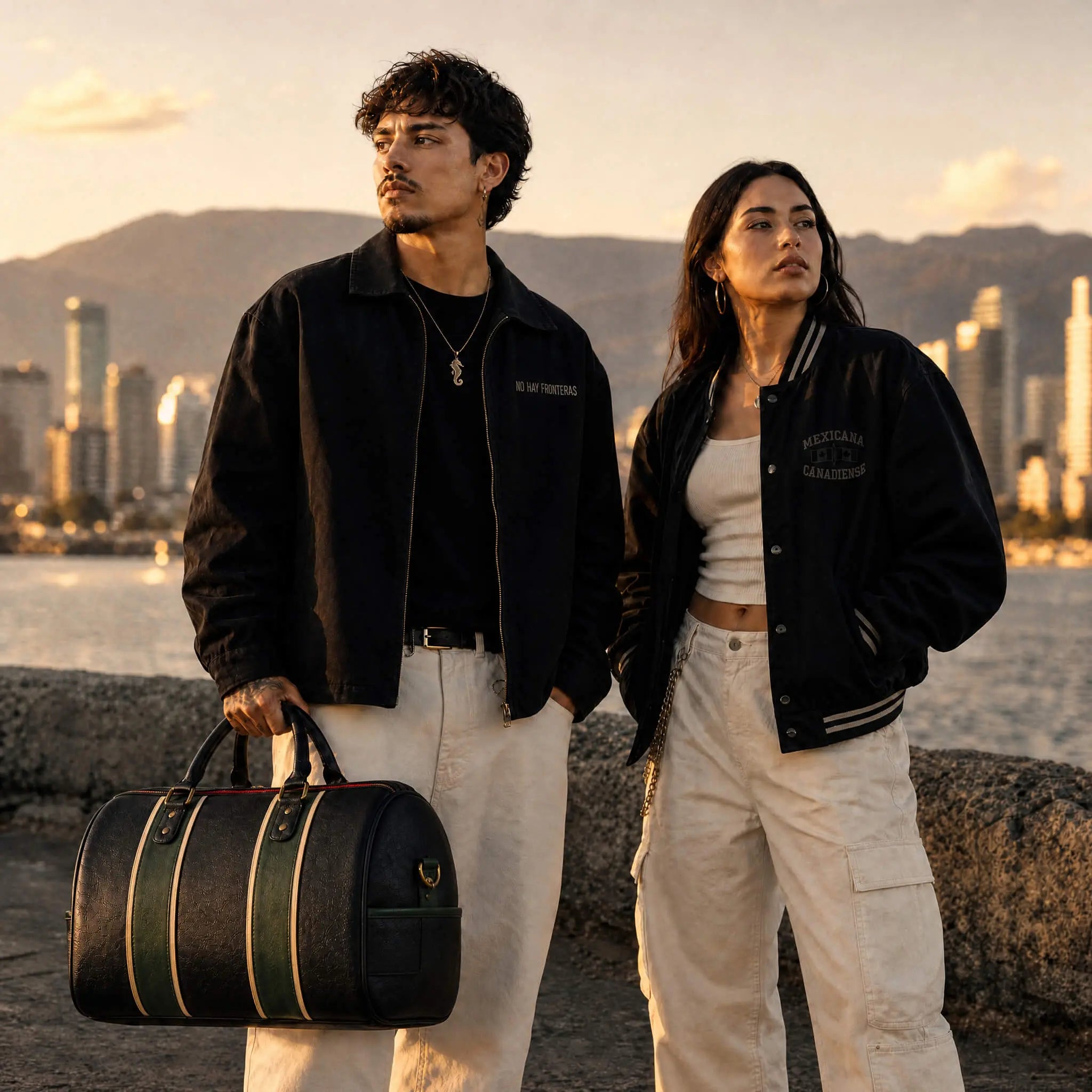 Marea Weekender · No Hay Fronteras · Special Edition Sangre de Mar Sangre de Mar full-grain leather Weekender bag carried in a lifestyle travel setting