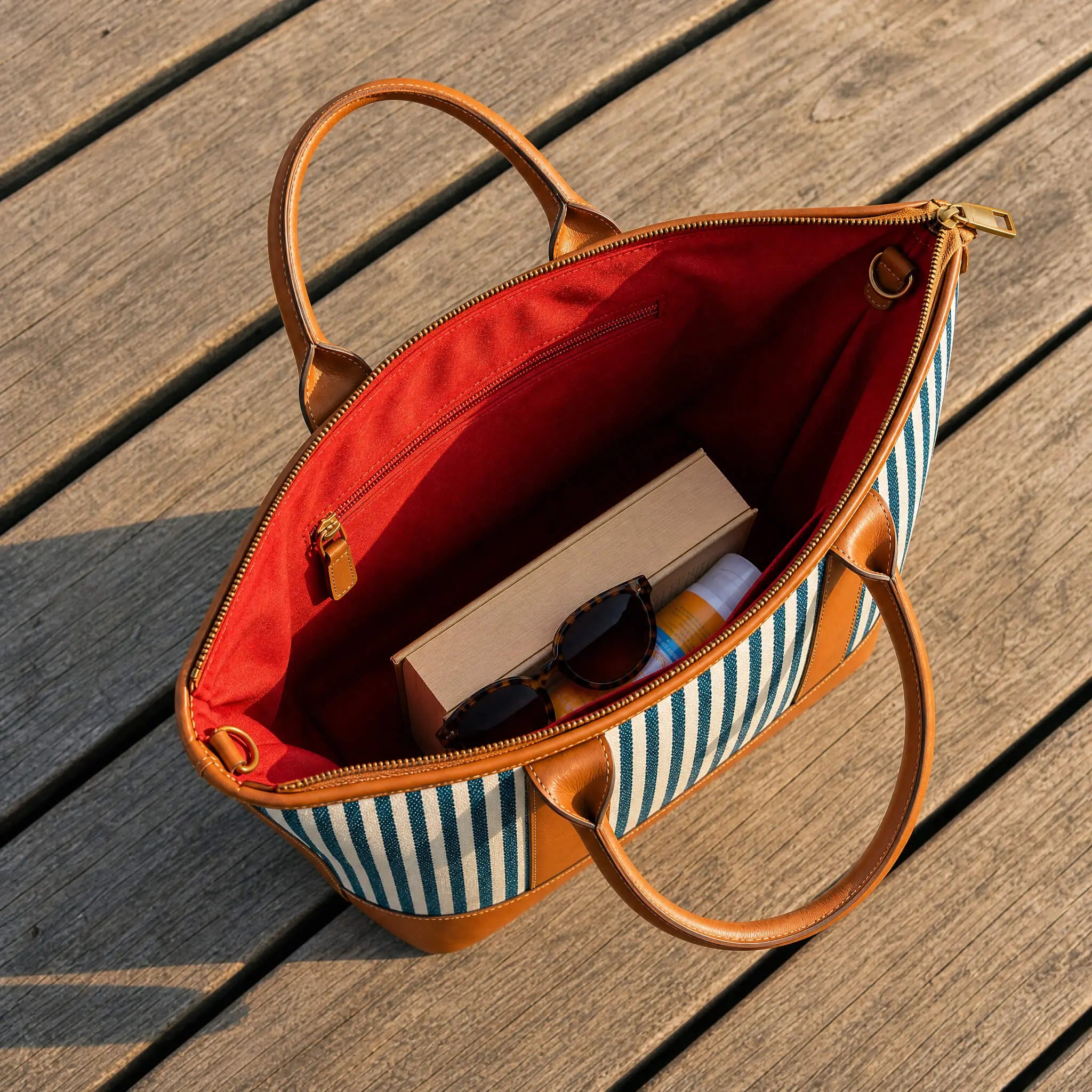 Sangre de Mar Tote Bag Blue stripes tanned full grain leather red interior view