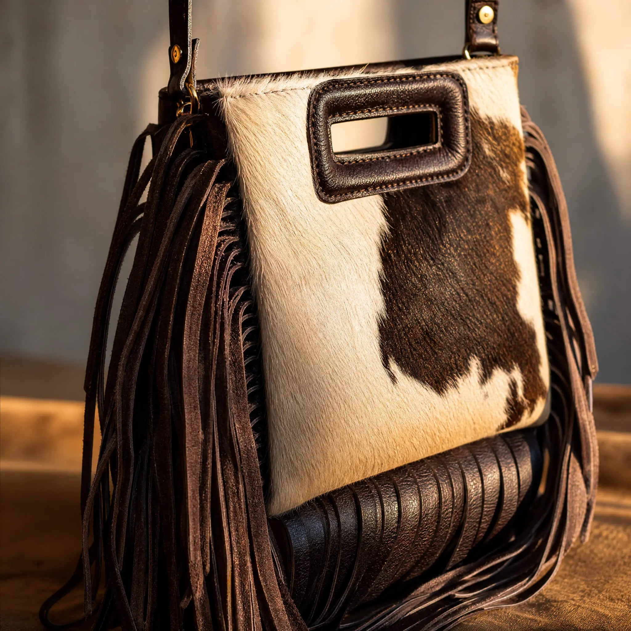 Salma Leather Fringe Crossbody · Tricolor Hair-on-Hide Sangre de Mar