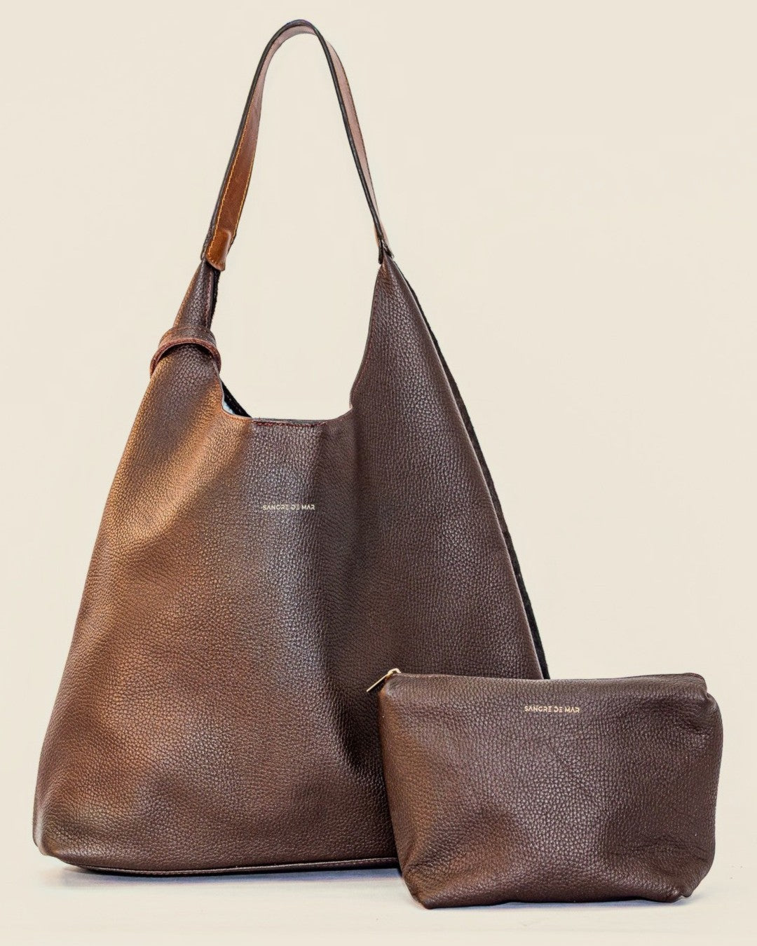 Sienna Tote — brown full-grain pebbled leather back with matching pouch | Sangre de Mar handcrafted leather