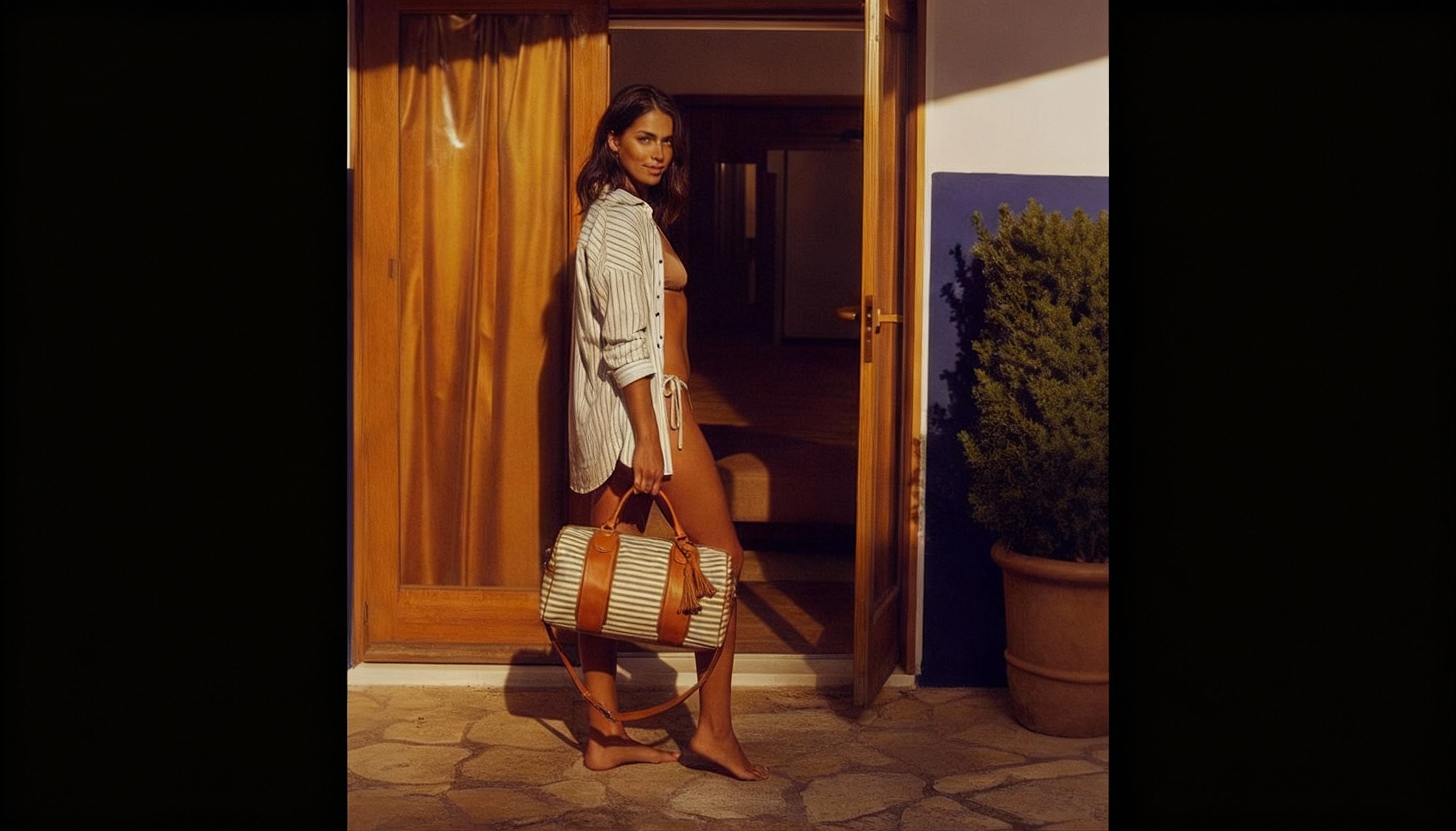 Woman holding a striped bag in a doorway with a plant and door in the background