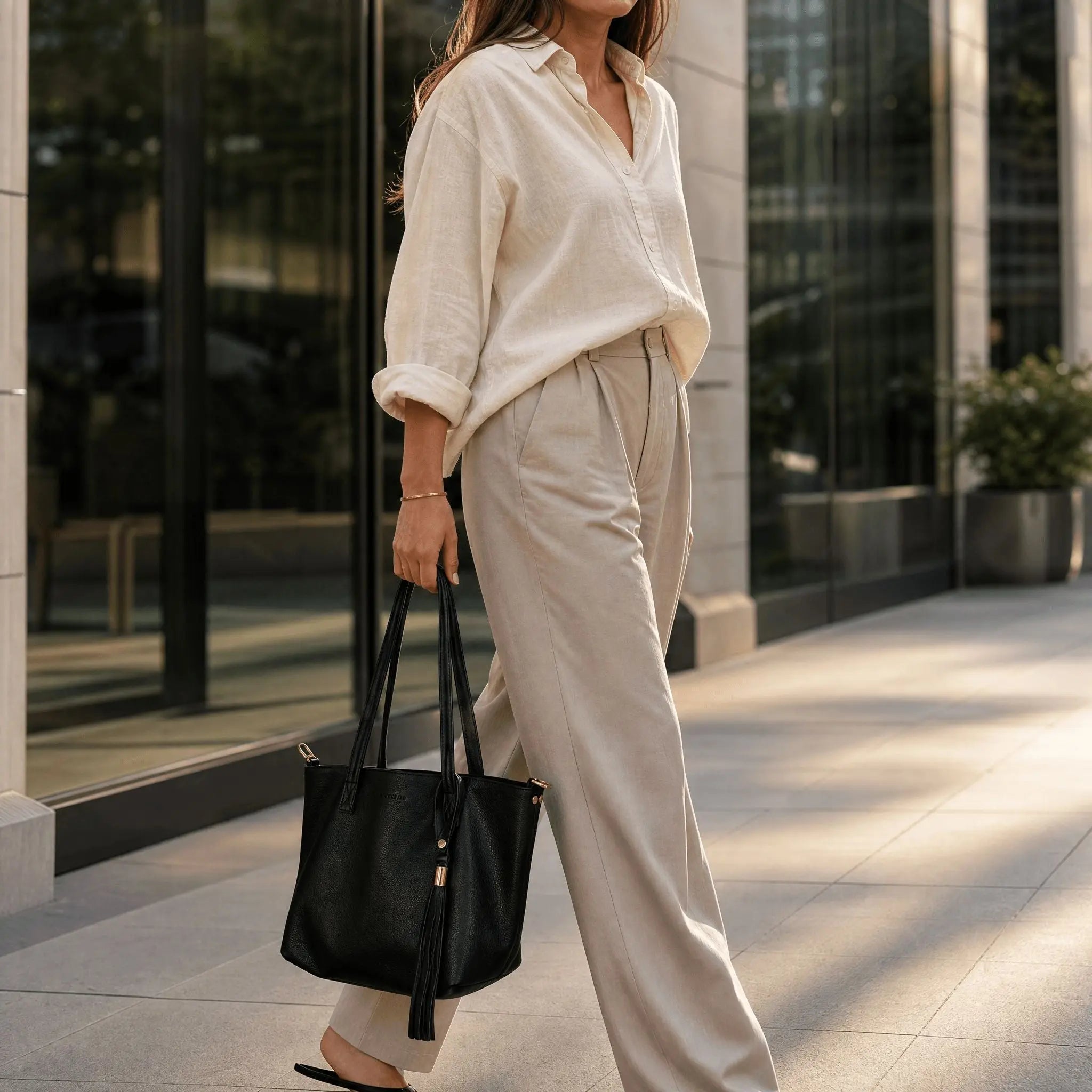 Woman in a cream linen shirt and neutral trousers walking a modern city sidewalk, carrying the black Sangre de Mar Atlantica Mini Tote by its soft leather top handles, gold hardware and signature leather tassel visible.