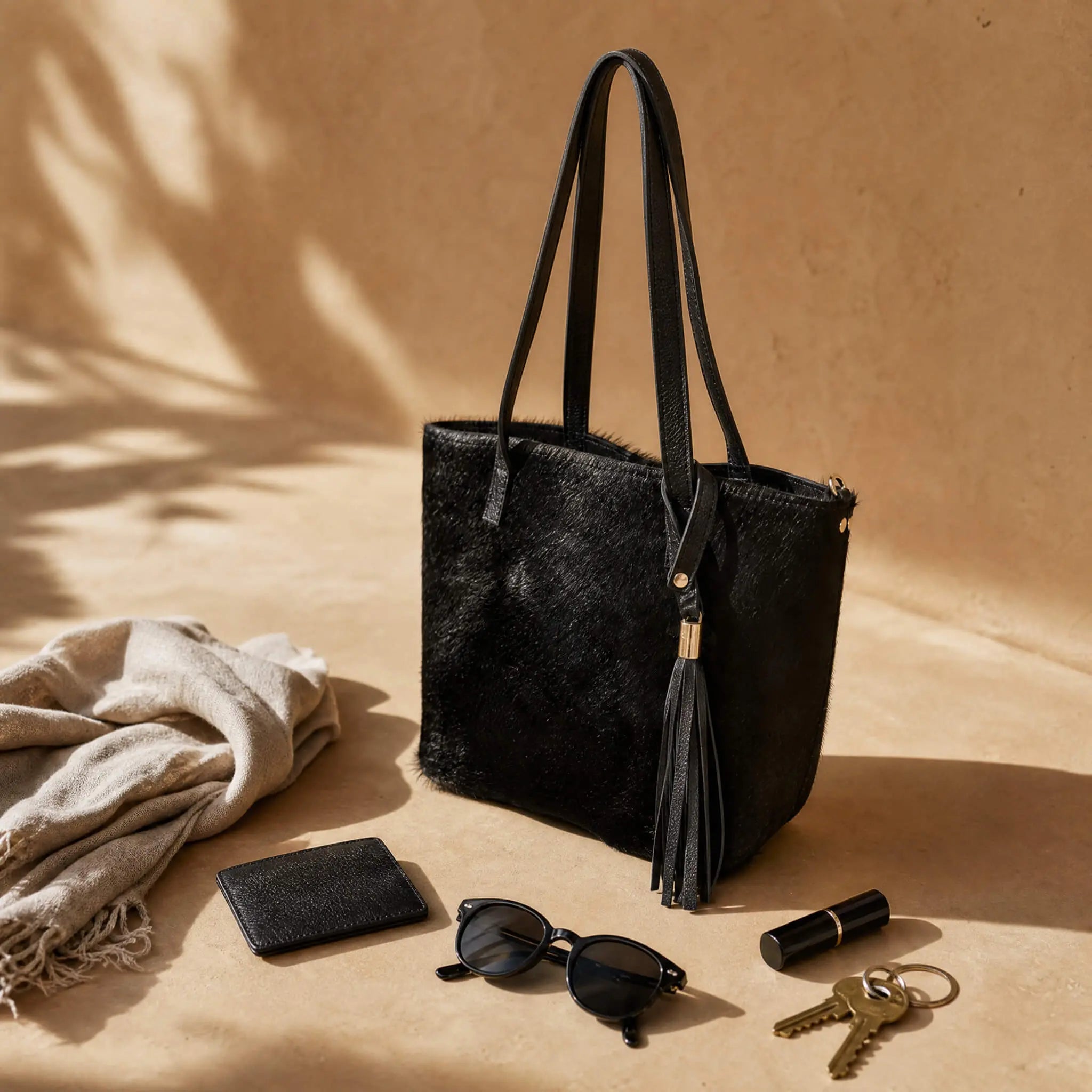 Handcrafted leather tassel and gold hardware detail on Sangre de Mar black hair-on-hide tote