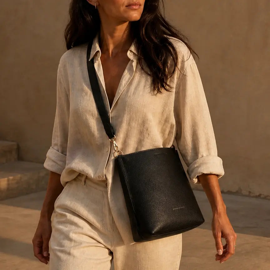 Marina Leather Shoulder Bag · Black Full-Grain Leather with Crossbody Strap & Detachable Short Handle Sangre de Mar