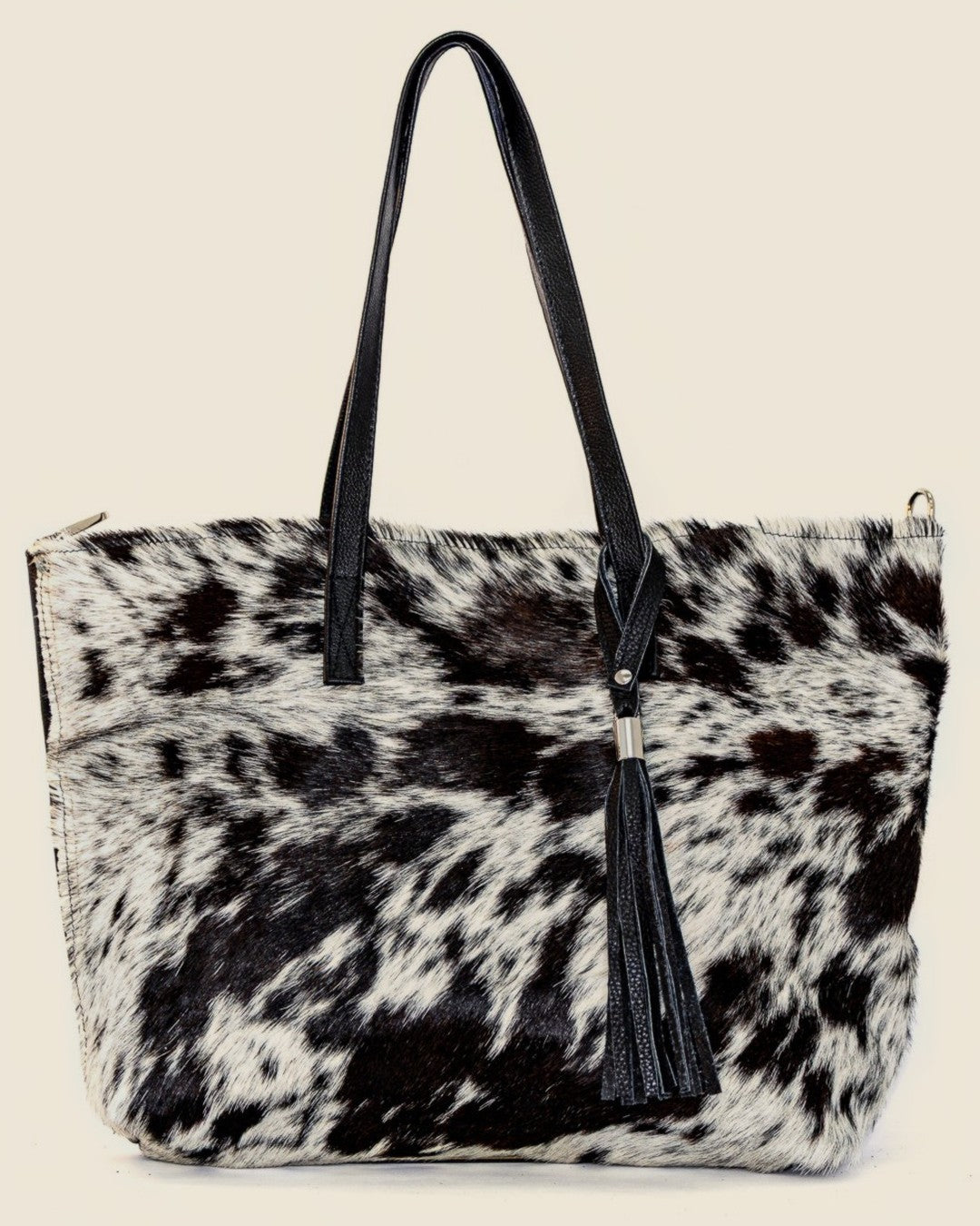 Maxi Tote 2-in-1 — black and white hair-on-hide, silver tassel — tote shape | Sangre de Mar handcrafted leather #Colour_Black