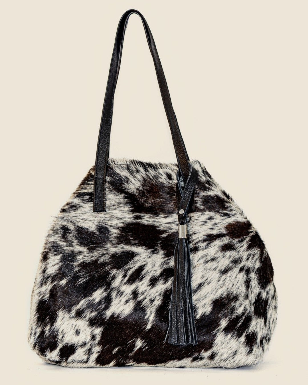 Maxi Tote 2-in-1 — black and white hair-on-hide clipped into bucket shape | Sangre de Mar handcrafted leather #Colour_Black