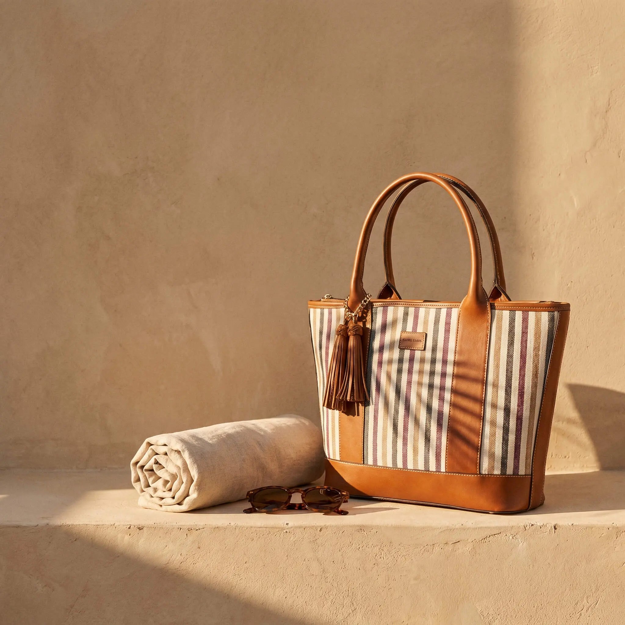 Riviera Carryall Tote — multicolour striped canvas & tan leather — with beach towel and sunglasses | Sangre de Mar handcrafted leather