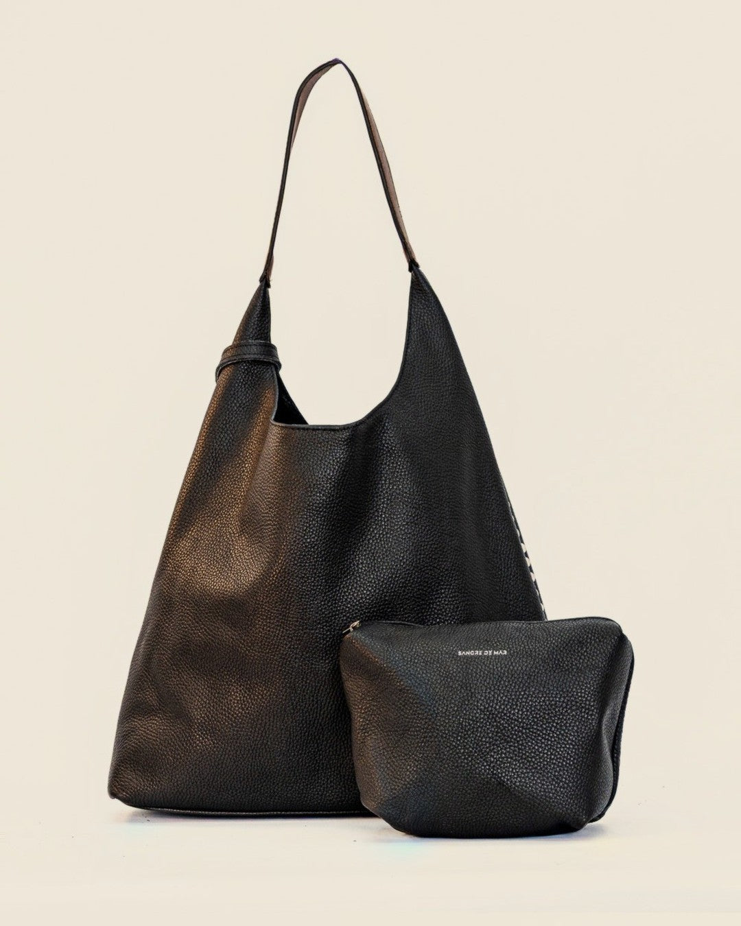 Sienna Hand-Finished Tote — black full-grain leather with hand-pressed studs, black strap, with matching pouch | Sangre de Mar handcrafted leather #Colour_Black · Black strap