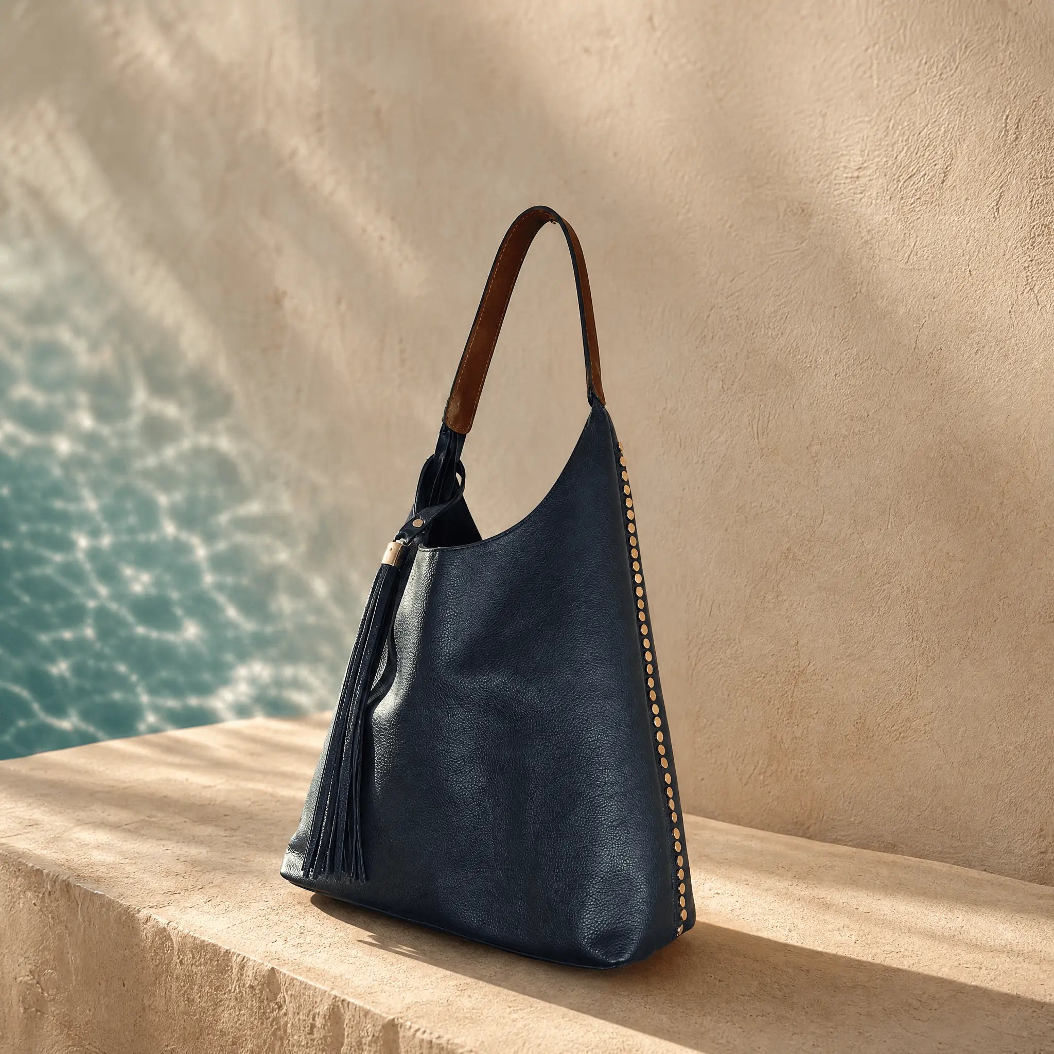 Sienna Hand-Finished Tote · Navy Full-Grain Leather with Hand-Pressed Brass Studs Sangre de Mar